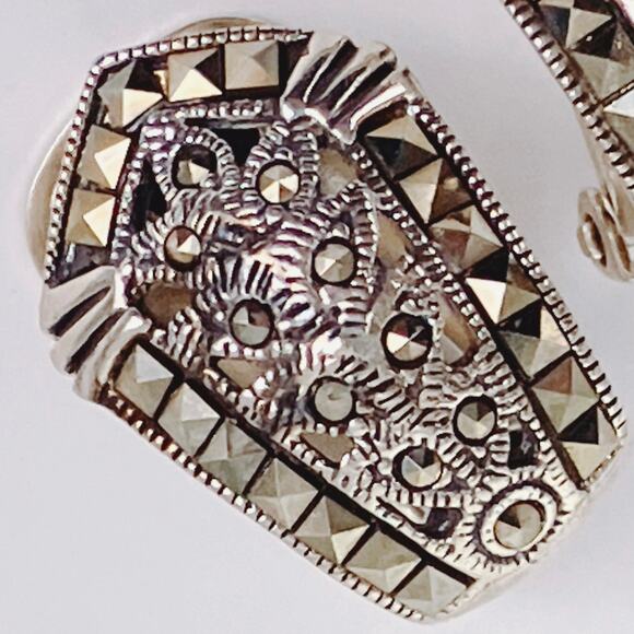 VTG Sterling Silver Marcasite Sleek Clip On Earrings Art Deco Revival Thai FAS - Picture 4 of 10